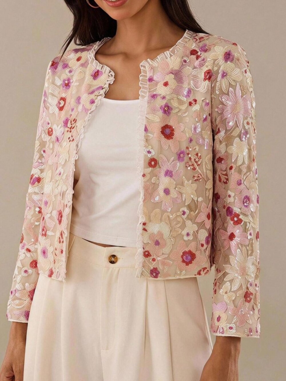 Multicolor Chic Women's Floral Open Front sequin detailed lightweight jacket